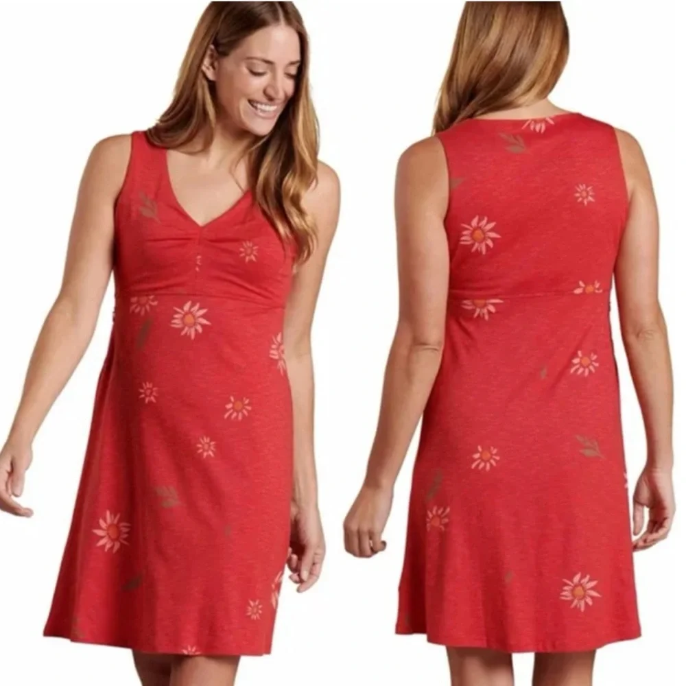 NEW Toad & Co Rosemarie Sleeveless Dress Red Daisy Floral Print Large - Picture 10 of 10